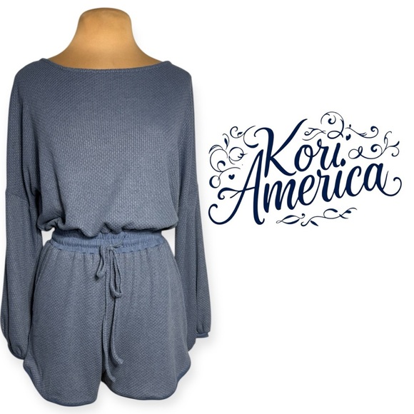 Kori America Blue Long Sleeve Waffle Knit Drawstring Shorts Romper Size Small - Picture 1 of 7